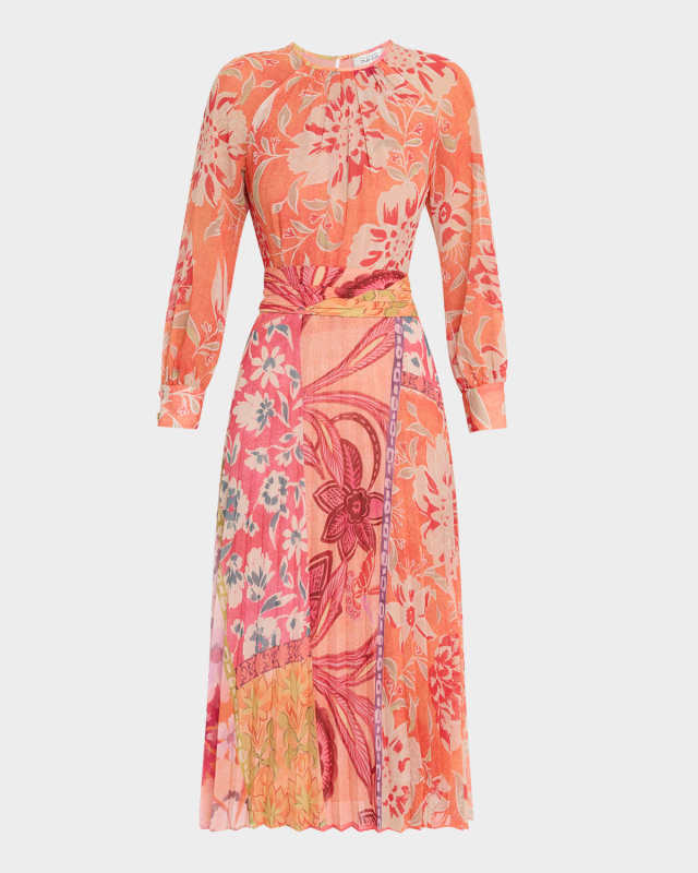 Pleated Patchwork-Print Chiffon Midi Dress